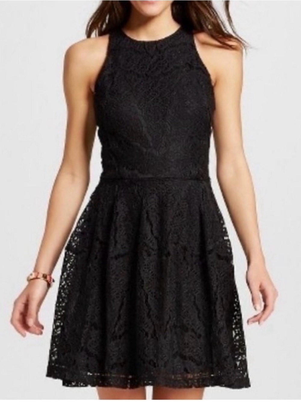 Mossimo Supply Co Dress Womens Large Black Lace Fit & Flare Halter Lined Keyhole